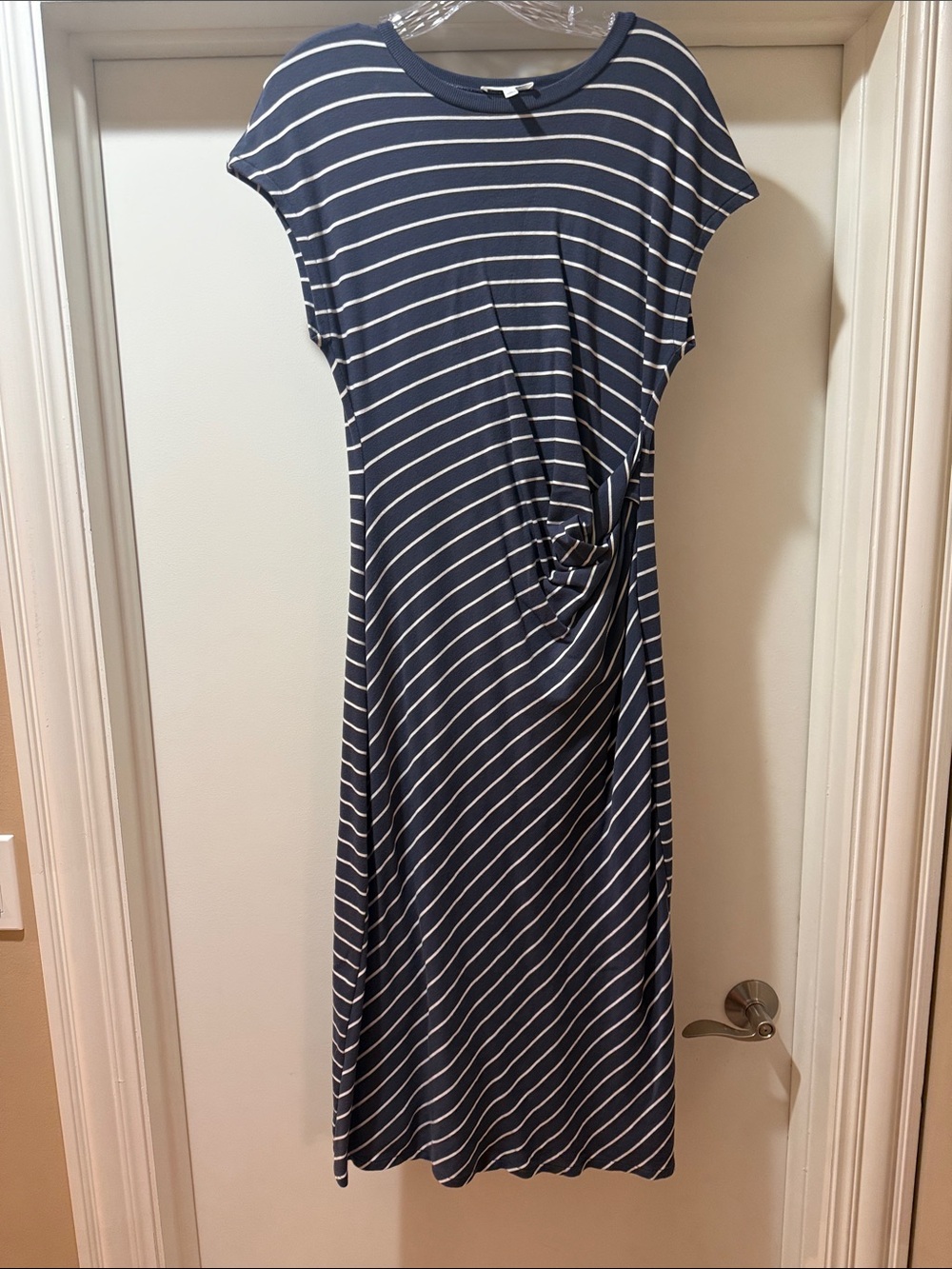 Navy and White Striped Midi Dress with Side Knot